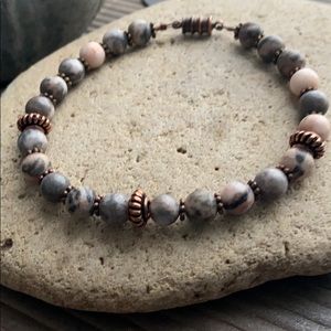 Men's Pink Zebra Jasper & Antiqued Copper Bracelet